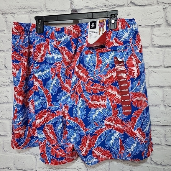 Men's Resort Swim Trunks X-Large Lined Red Blue Leaf Print Drawstring Quick Dry - Picture 2 of 7